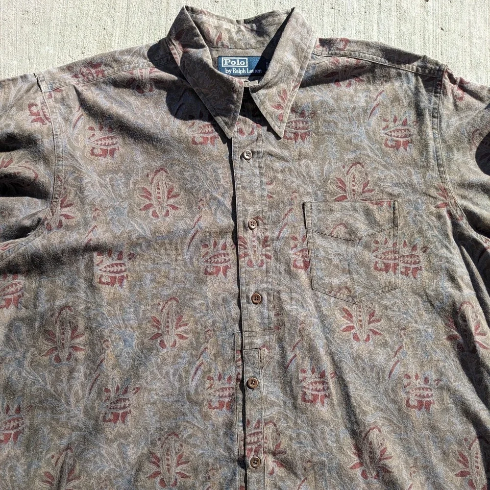 Vintage 90s Polo Ralph Lauren Safari Paisley Shirt XL Earth Tone Cotton Ink Wash